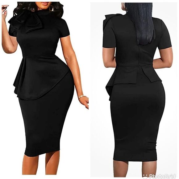 Elegant Strechy Peplum Bodycon Short Sleeve Work Dresses Bow Club Ruffle Pencil - Picture 1 of 14